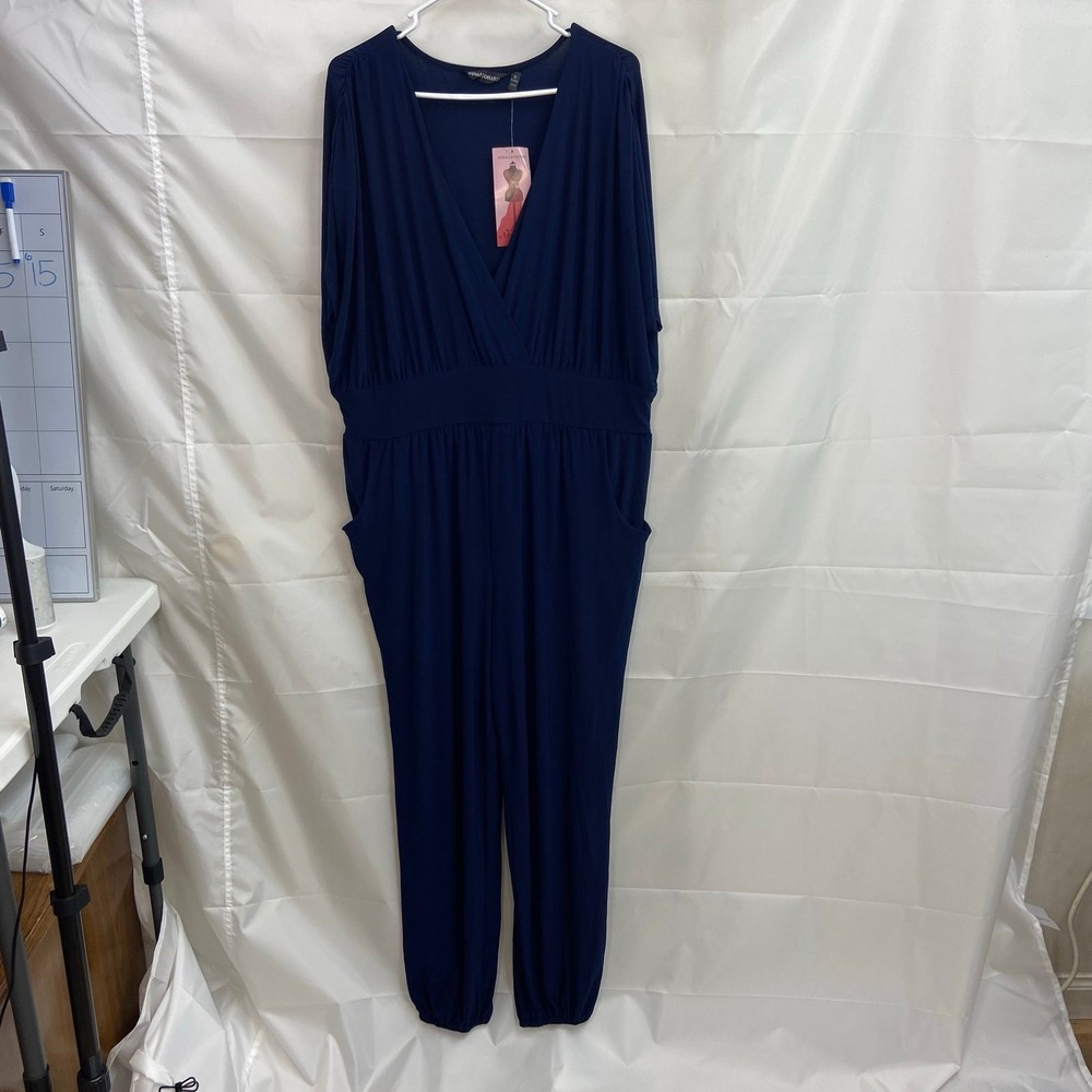 NEW Nina Leonard women's navy blue stretch pocket jogger jumpsuit loose casual